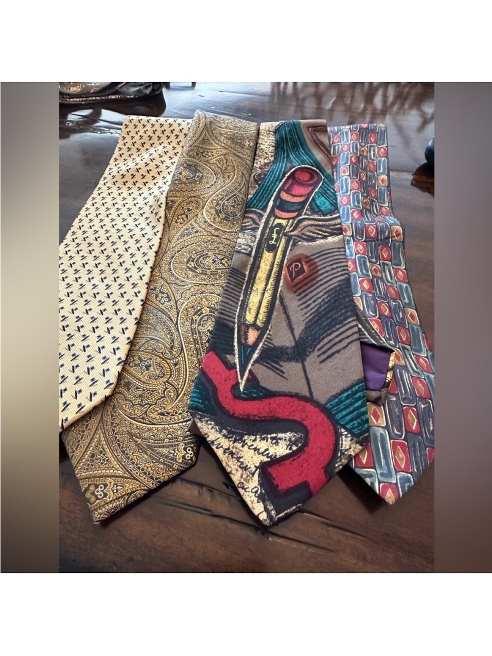 Geoffrey Beene Four-Piece Silk Tie Lot with Cream, Gold, Teal and Red Accents